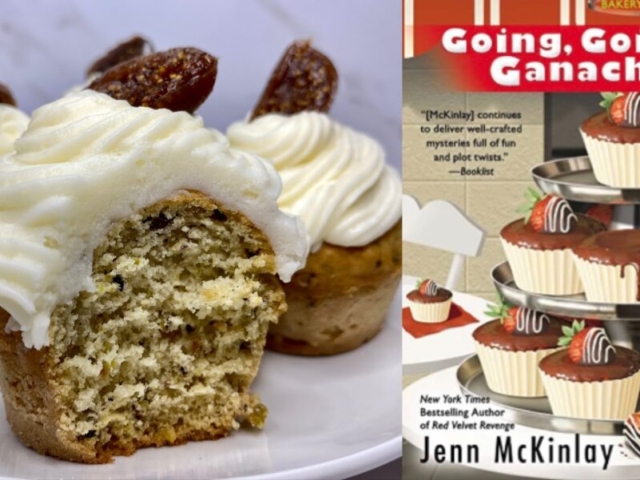 Pistachio Cupcakes with cream cheese fig frosting from a cozy mystery novel with recipes