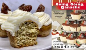 Pistachio Cupcakes with cream cheese fig frosting from a cozy mystery novel with recipes