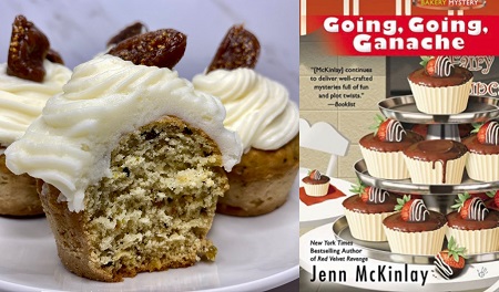 Pistachio Cupcakes with Cream Cheese Fig Frosting from: Going Going Ganache cozy mystery novel