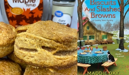 Flaky maple curry biscuits from cozy mystery novel series by Maddie Day