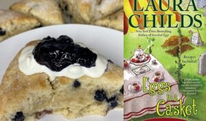 Cream Scones with Blueberries from a cozy mystery novel by Laura Childs