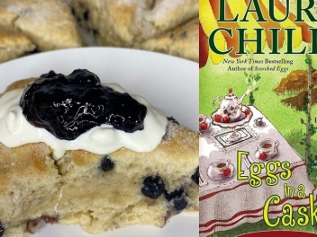 Cream Scones with Blueberries from a cozy mystery novel by Laura Childs