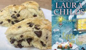 Chocolate Chip Scone recipe and book review of Eggs on Ice a cozy mystery from Cackleberry Club Series