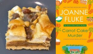 Book review of Carrot Cake Murder by Joanne Fluke and recipe for Rocky Road Bars.