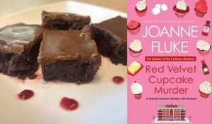 Razzle Dazzle Brownies recipe with Raspberries from a cozy mystery: Red Velvet Cupcake Murder by Joanne Fluke.
