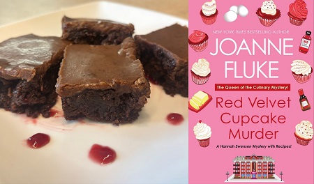 Razzle Dazzle Brownies recipe with Raspberries from a cozy mystery: Red Velvet Cupcake Murder by Joanne Fluke.