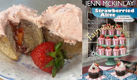 Strawberry Surprise Cupcakes from a cozy mystery: Strawberried Alive by Jenn McKinlay