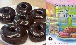 Fudge Donut with Fudge Drizzle from cozy mystery: Survival of the Fritters by Ginger Bolton