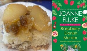 Recipe for pear upside down coffee cake and a cozy mystery with a fantastic cliff hanger.