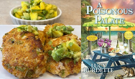 Crab Cakes and Avocado Mango Salsa from a cozy mystery novel: A Poisonous Palate by Lucy Burdette