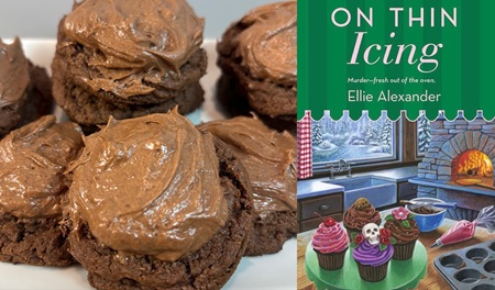 Double Chocolate Cookies with Chocolate Cream Cheese Frosting from a Cozy Mystery Novel; On Thin Icing by Ellie Alexander