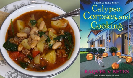 Miami-Cuban Stew: Caldo Gallego from a cozy mystery novel Calypso, Corpses, and Cooking by Raquel V. Reyes.