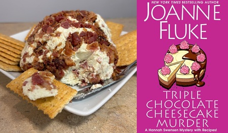 Three Cheese Bacon Ball from a cozy mystery: Triple Chocolate Cheesecake Murder by Joanne Fluke