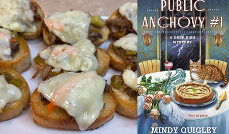 Italian Beef Crostini from a cozy mystery novel: Public Anchovy #1 by Mindy Quigley